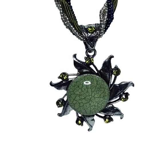 Twisted Multi Strand Seed Bead Necklace With Green Sun Pendant (5888) - Picture 3 of 7